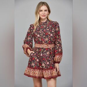 Floral Long Sleeve Dress - Black and Red